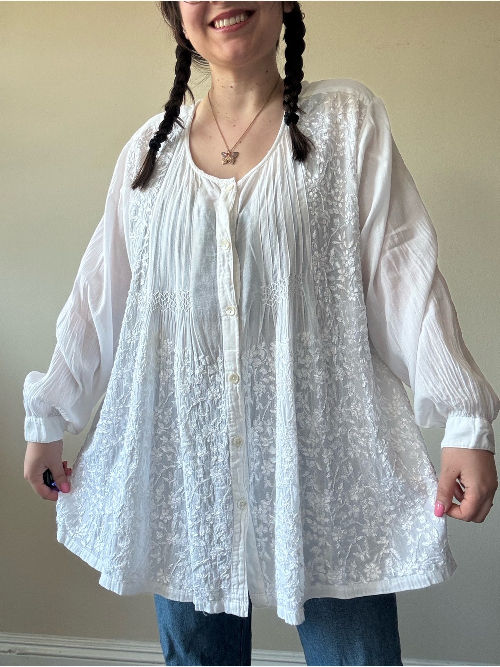 Vintage White Embroidered Ethereal Button-Front Flowy Blouse